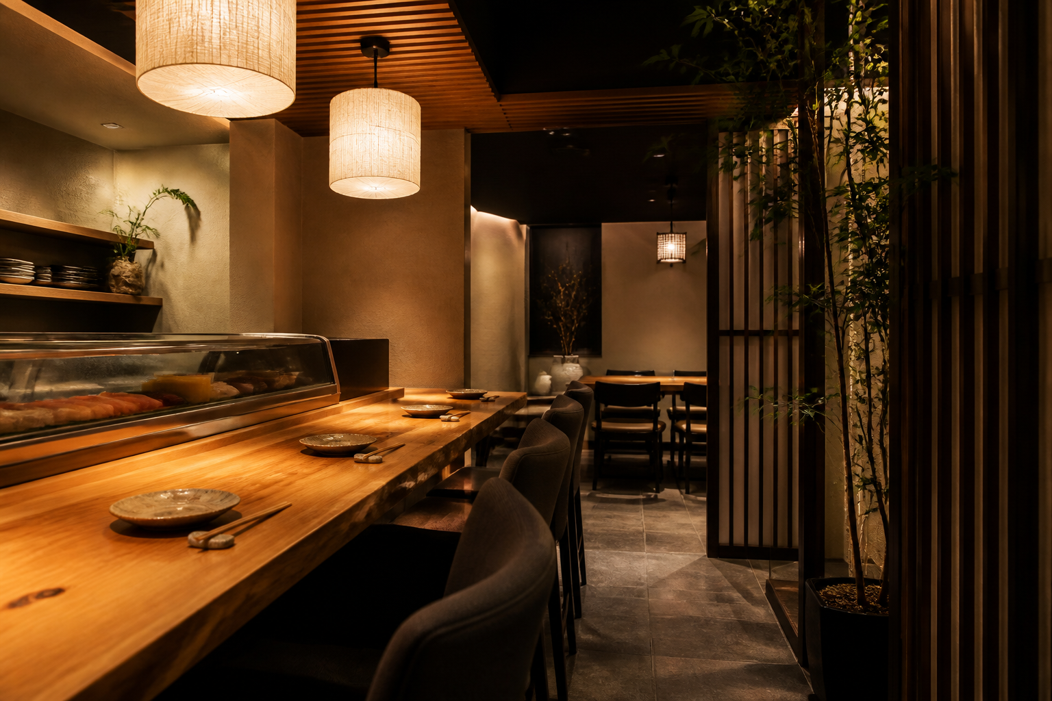 Interior cálido de Maruko restaurante japonés